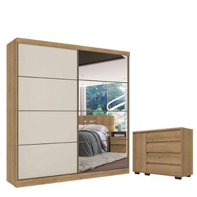 Guarda Roupa Casal Málaga Full Glass 2 Portas Capuccino Off White Acetinado E Cômoda Com Porta Aurora Cappuccino - Thb