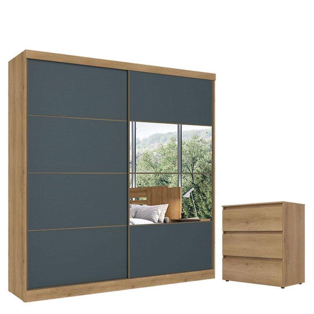 Guarda Roupa Casal Malaga Glass 2 Portas Capuccino Azul Acetinado E Cômoda Gaveteiro Condessa Capuccino - Thb - 1