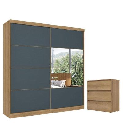 Guarda Roupa Casal Malaga Glass 2 Portas Capuccino Azul Acetinado E Cômoda Gaveteiro Condessa Capuccino - Thb