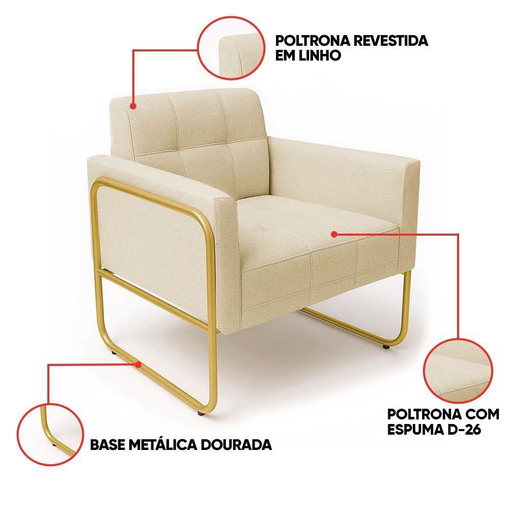 Poltrona Sala Industrial Alta Tubo Dourado Elisa Linho D03 - D'rossi Cor Bege - 3