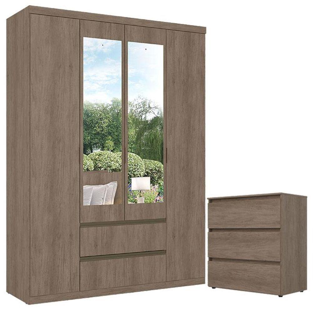 Guarda Roupa Solteiro Nobre Slim Glass 4 Portas E Cômoda Gaveteiro Condessa Rustic Acetinado - Thb - 1