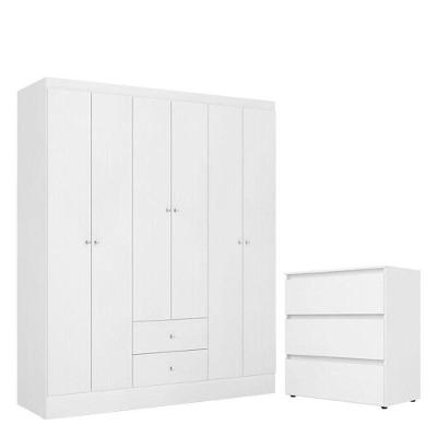 Guarda Roupa Solteiro Astro 6 Portas Branco Rosa Flex E Cômoda Gaveteiro Condessa Branco- Thb
