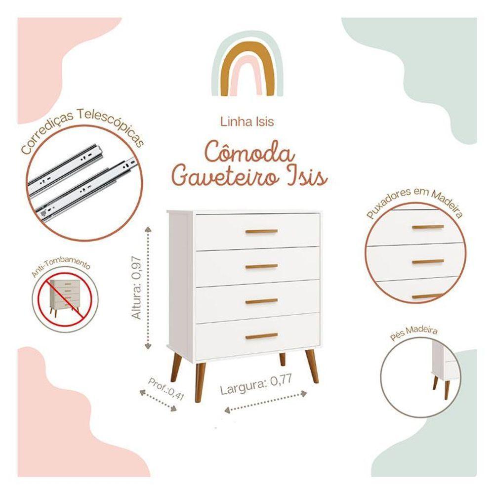 Quarto De Bebê Isis 4 Portas Com Gaveteiro Branco Acetinado Com Colchão Ortobom - Reller - 6