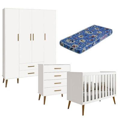 Quarto De Bebê Isis 4 Portas Com Gaveteiro Branco Acetinado Com Colchão Ortobom - Reller