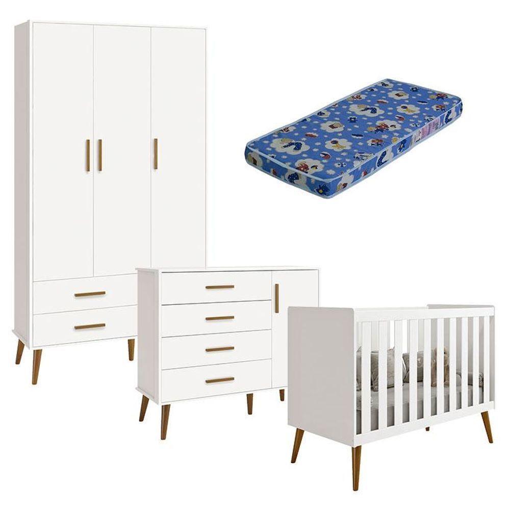 Quarto De Bebê Isis 3 Portas Branco Acetinado Com Colchão Ortobom - Reller - 1