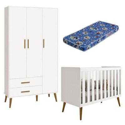 Berço Americano E Guarda Roupa Infantil 3 Portas Isis Branco Acetinado Com Colchão Ortobom - Reller