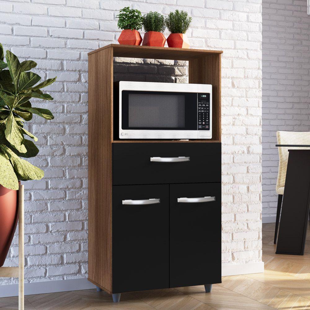 Armário De Cozinha Multiuso Luna 60cm Com 02 Portas E Nicho Integrado Savana Preto - Desk Design - 1