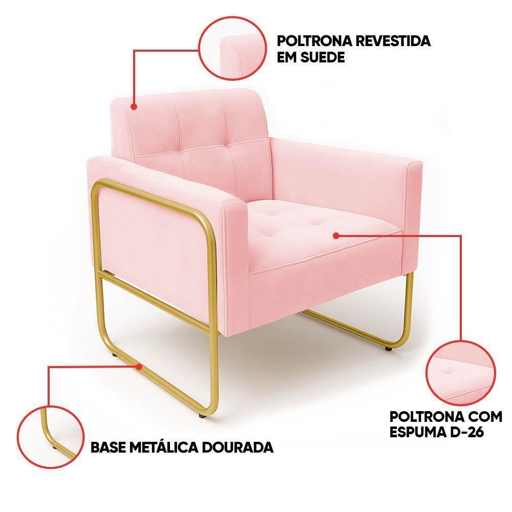 Poltrona Sala Industrial Alta Tubo Dourado Kit 2 Elisa Suede D03 - D'rossi Cor Rosa Bebê - 3