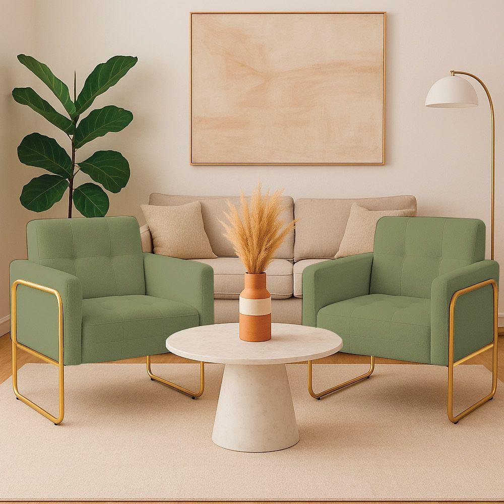 Poltrona Sala Industrial Alta Tubo Dourado Kit 2 Elisa Bouclê D03 - D'rossi Cor Pistache - 1