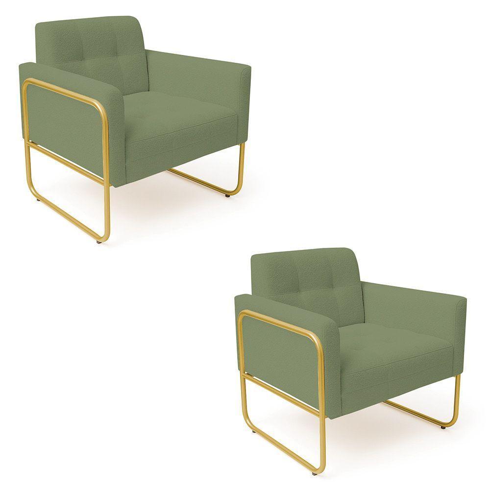 Poltrona Sala Industrial Alta Tubo Dourado Kit 2 Elisa Bouclê D03 - D'rossi Cor Pistache - 2