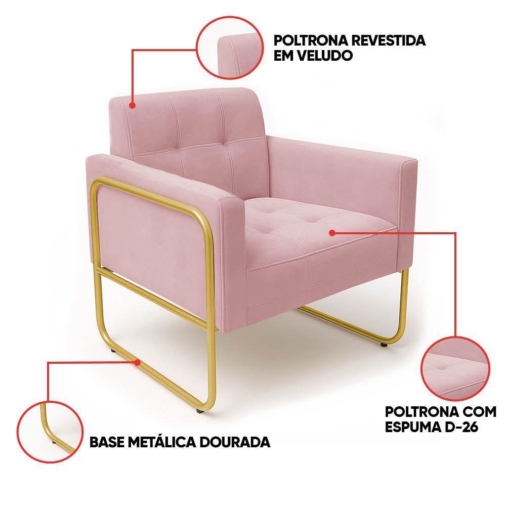 Poltrona Sala Industrial Alta Tubo Dourado Elisa Veludo D03 - D'rossi Cor Rose - 3