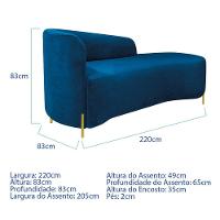 Divã Recamier Orgânico França 220cm Lado Dir Pés Metal Dourado Linho Cor Azul Royal - 6