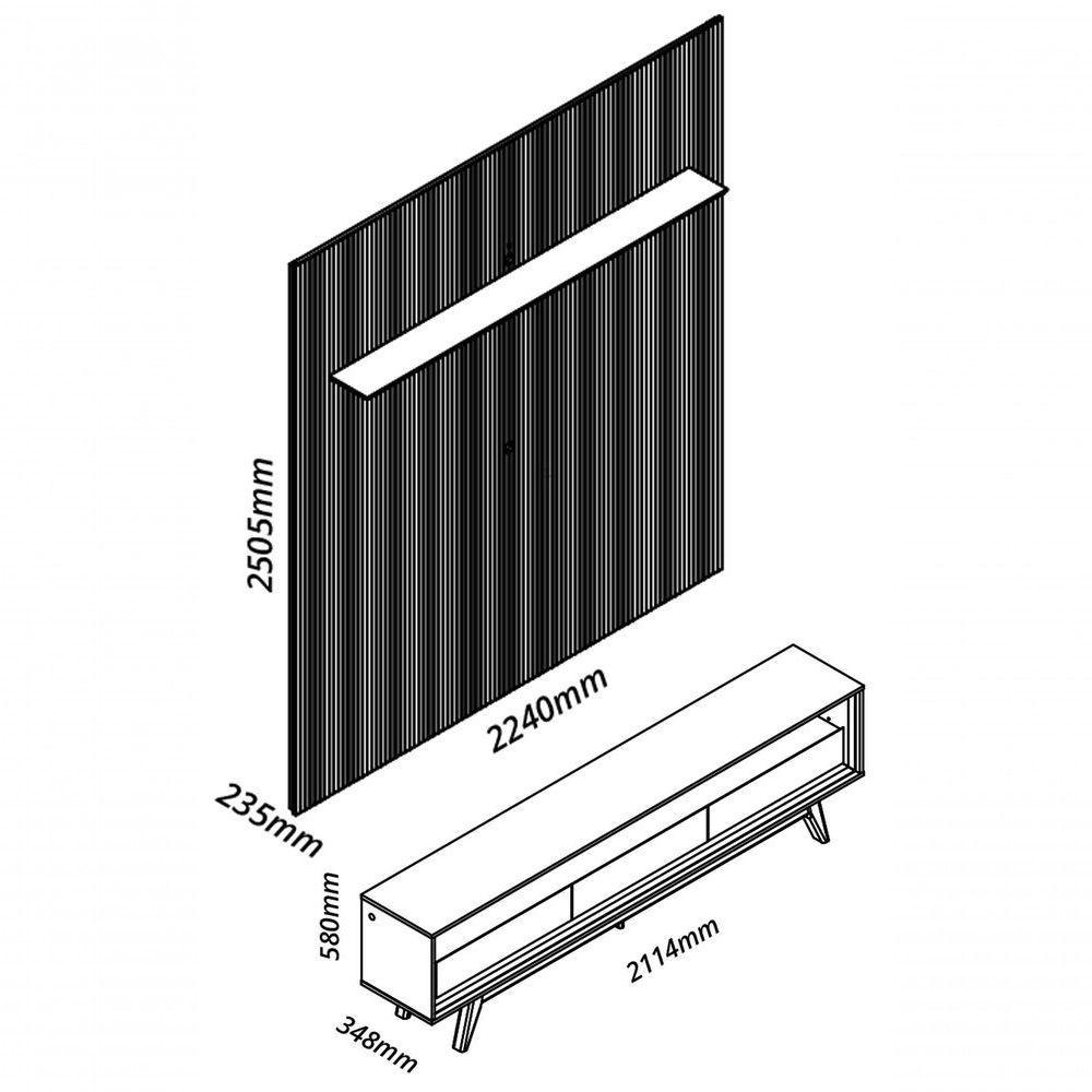 Rack Com Painel Requinte Retrô 2.2 Ripado 3d Com Led Requinte Cinza Com Off White - Gelius Móveis - 2