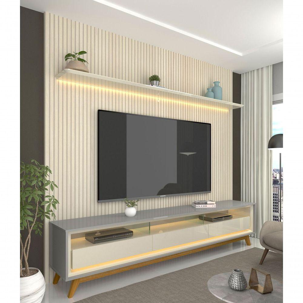 Rack Com Painel Requinte Retrô 2.2 Ripado 3d Com Led Requinte Cinza Com Off White - Gelius Móveis - 5