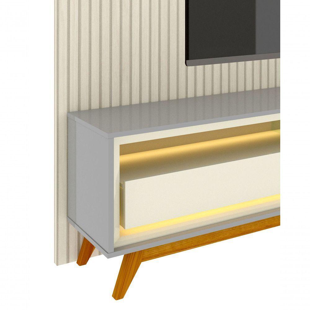 Rack Com Painel Requinte Retrô 2.2 Ripado 3d Com Led Requinte Cinza Com Off White - Gelius Móveis - 7