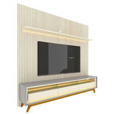 Rack Com Painel Requinte Retrô 2.2 Ripado 3d Com Led Requinte Cinza Com Off White - Gelius Móveis