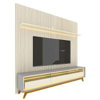 Rack Com Painel Requinte Retrô 2.2 Ripado 3d Com Led Requinte Cinza Com Off White - Gelius Móveis - 1