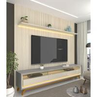 Rack Com Painel Requinte Retrô 2.2 Ripado 3d Com Led Requinte Cinza Com Off White - Gelius Móveis - 5