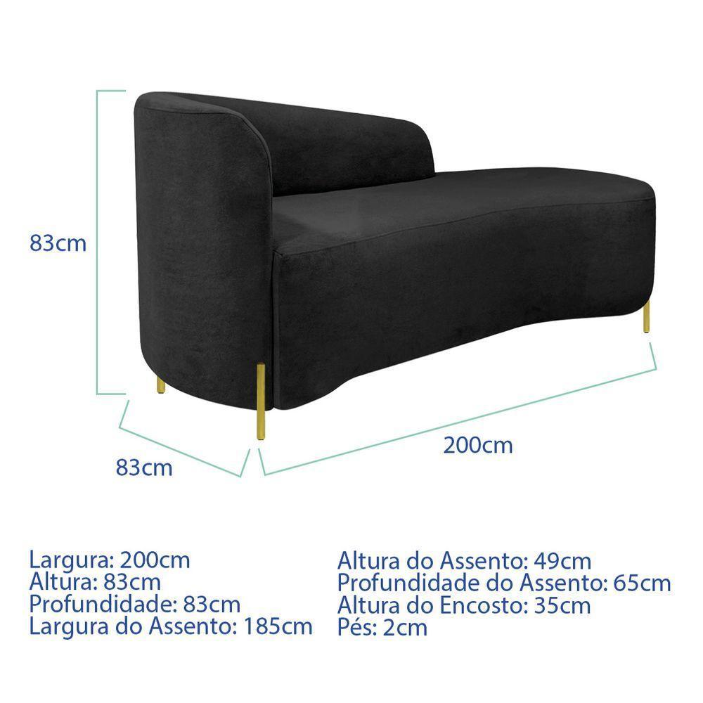 Divã Recamier Orgânico França 200cm Lado Dir Pés Metal Dourado Linho Cor Preto - 6