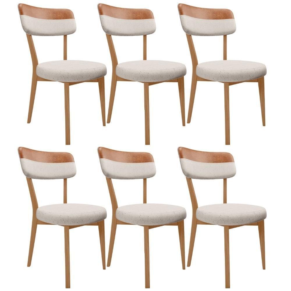 Kit 06 Cadeiras Decorativa Estofada Sala Base Madeira Roy L02 Couríssimo Camel Linho Cru - Lyam - 1