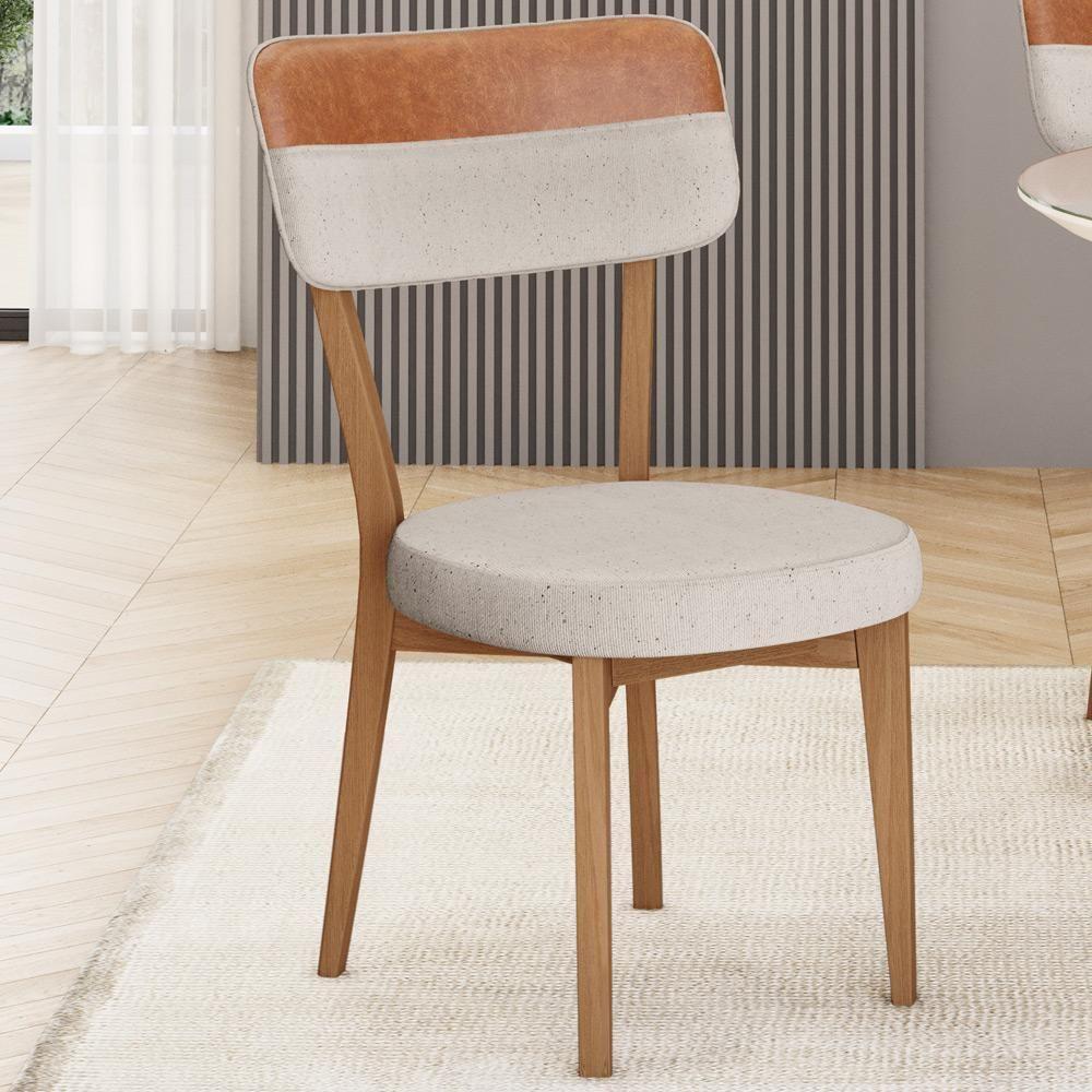 Kit 06 Cadeiras Decorativa Estofada Sala Base Madeira Roy L02 Couríssimo Camel Linho Cru - Lyam - 2