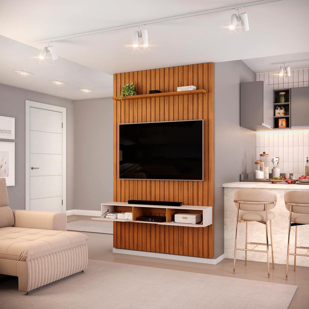 Painel Ripado Com Bancada Suspensa Para Tv Até 60 Polegadas 143 Trento Freijó/off White - Dj Móveis - 3