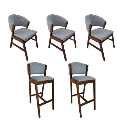 Kit 3 Cadeiras De Jantar Debora Com 2 Banquetas Ana Madeira Maciça Mel Premium Linho Cinza