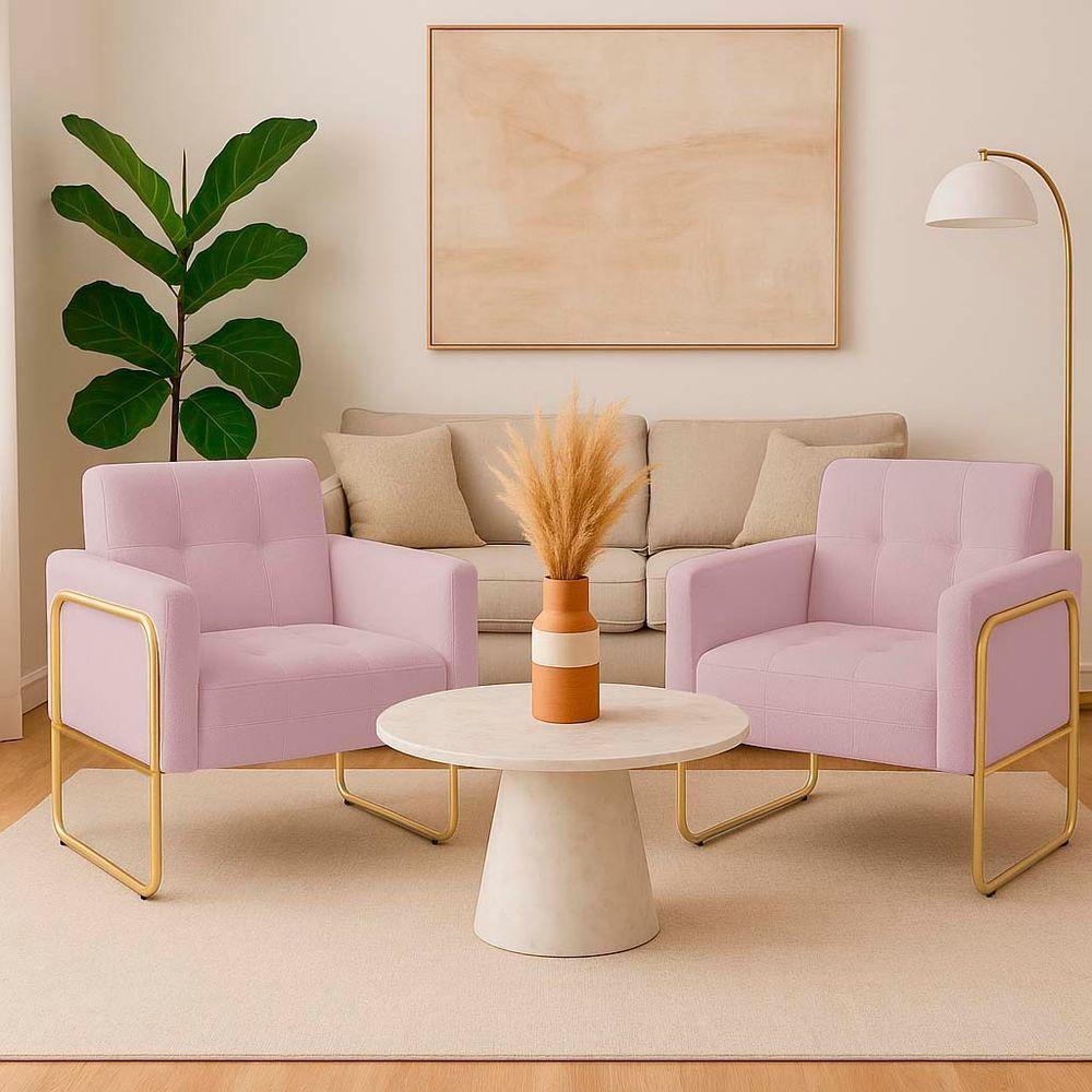 Poltrona Sala Industrial Alta Tubo Dourado Kit 2 Elisa Bouclê D03 - D'rossi Cor Rose - 1