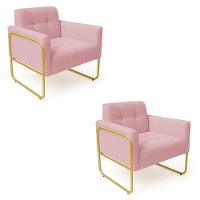 Poltrona Sala Industrial Alta Tubo Dourado Kit 2 Elisa Bouclê D03 - D'rossi Cor Rose - 2