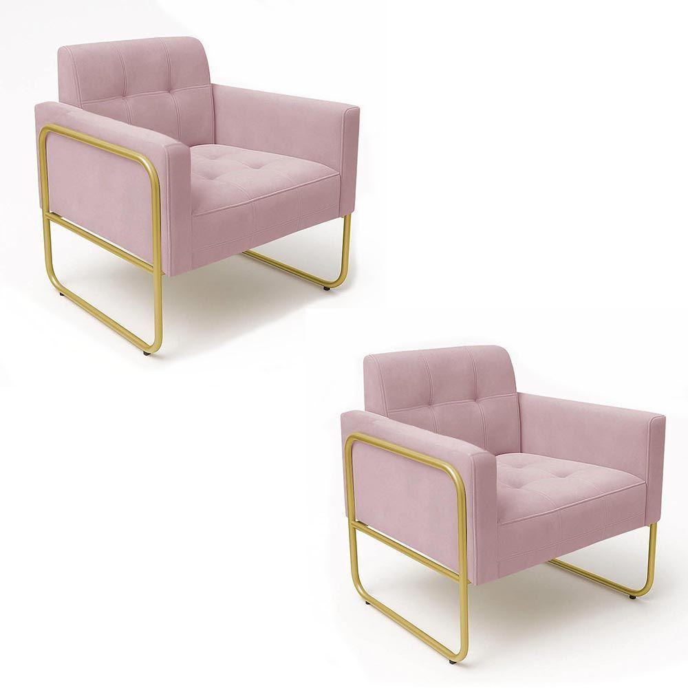 Poltrona Sala Industrial Alta Tubo Dourado Kit 2 Elisa Veludo D03 - D'rossi Cor Rose - 2