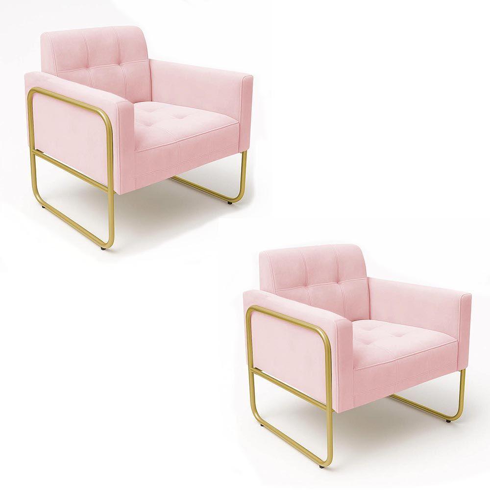 Poltrona Sala Industrial Alta Tubo Dourado Kit 2 Elisa Suede Rosa Bebê D03 - D'rossi - 2