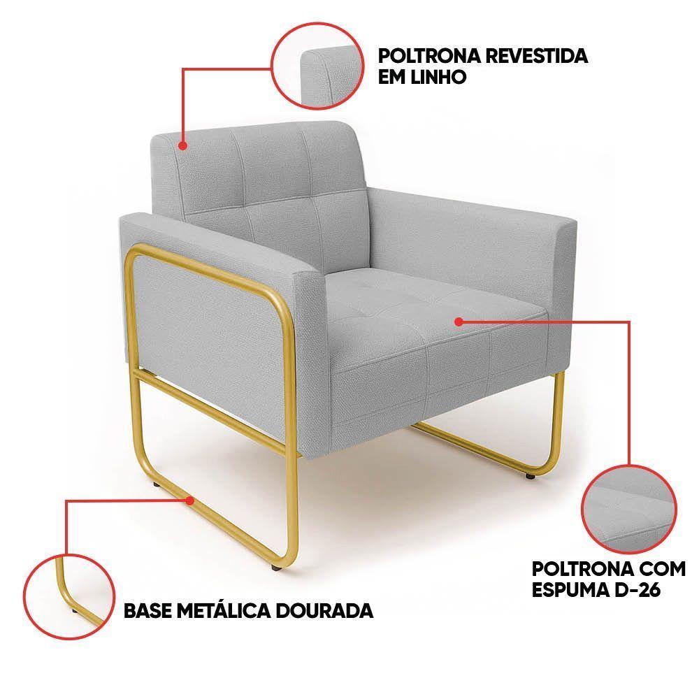 Poltrona Sala Industrial Alta Tubo Dourado Kit 2 Elisa Linho D03 - D'rossi Cor Cinza - 3