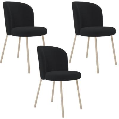 Kit 03 Cadeiras Para Sala De Jantar Cozinha Estofada Gavi Arena L02 Bouclê Preto - Lyam Decor