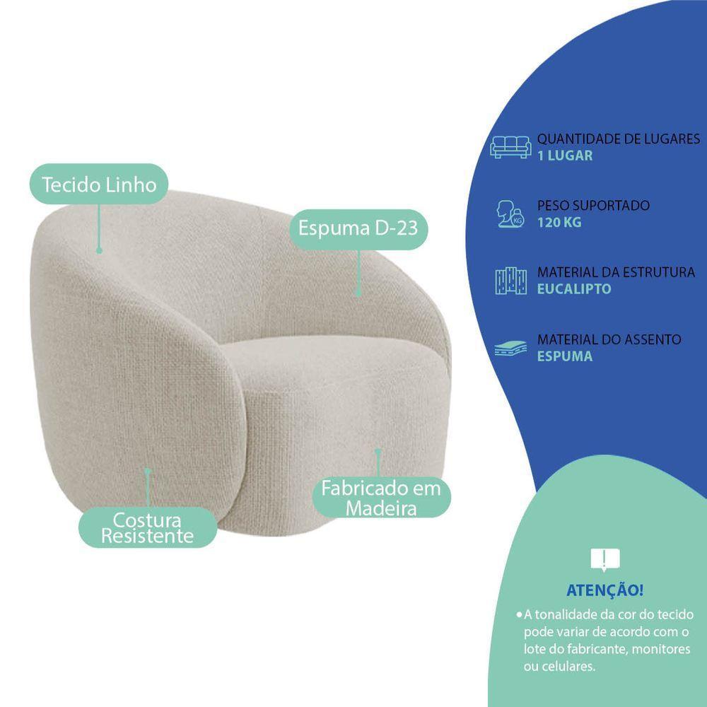 Kit Recamier Curvo Amsterdã 200cm E 2 Poltronas Amore Luxo Linho Cor Bege - 6