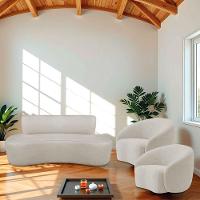 Kit Recamier Curvo Amsterdã 200cm E 2 Poltronas Amore Luxo Linho Cor Bege - 1