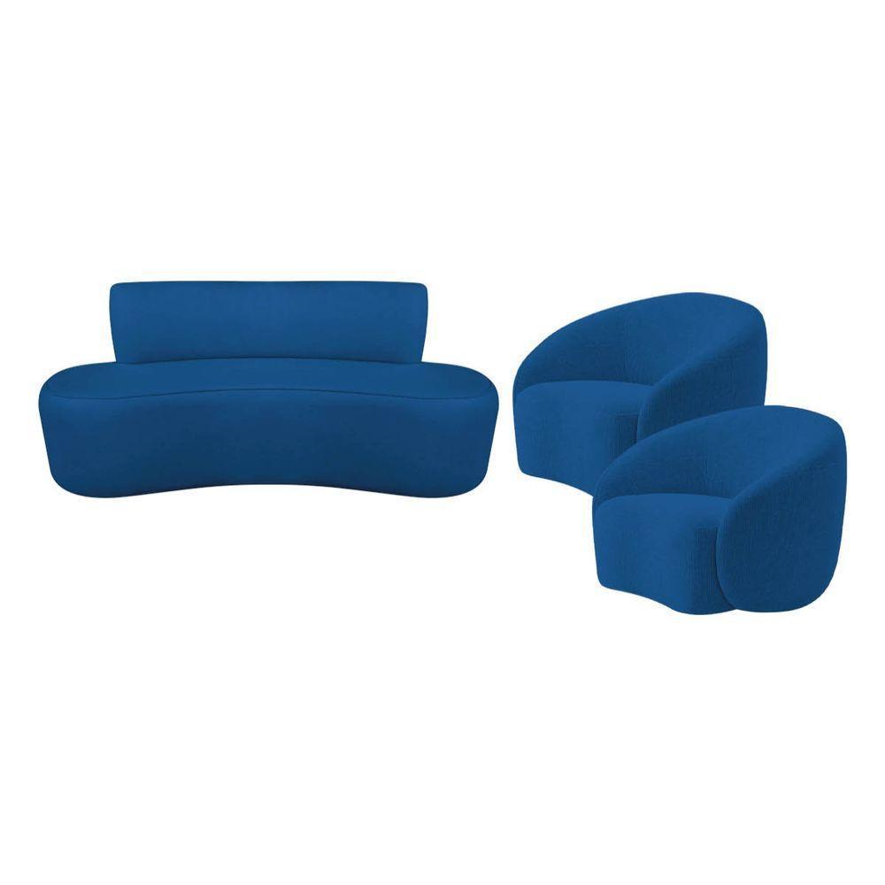 Kit Recamier Curvo Amsterdã 180cm E 2 Poltronas Amore Luxo Linho Cor Azul Royal - 10