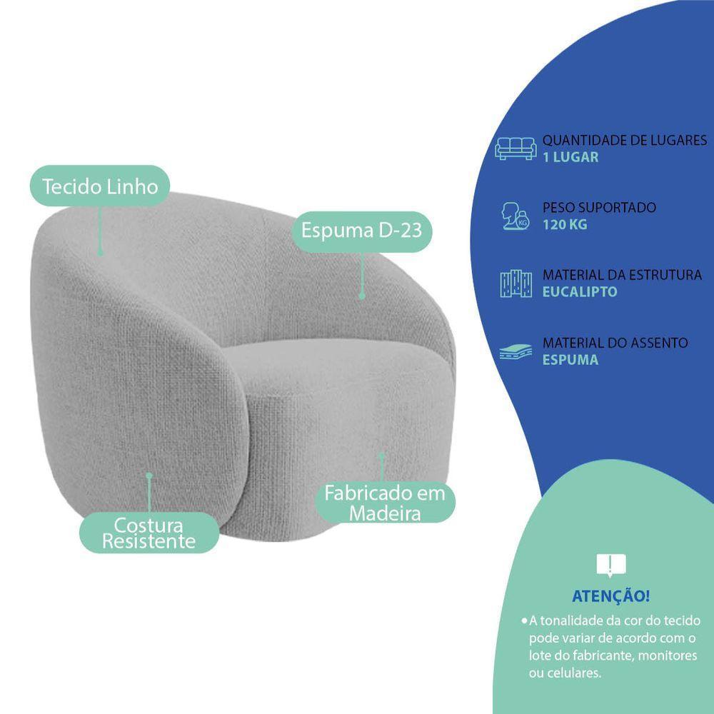 Kit Recamier Curvo Amsterdã 120cm E 2 Poltronas Amore Luxo Linho Cor Cinza Claro - 5
