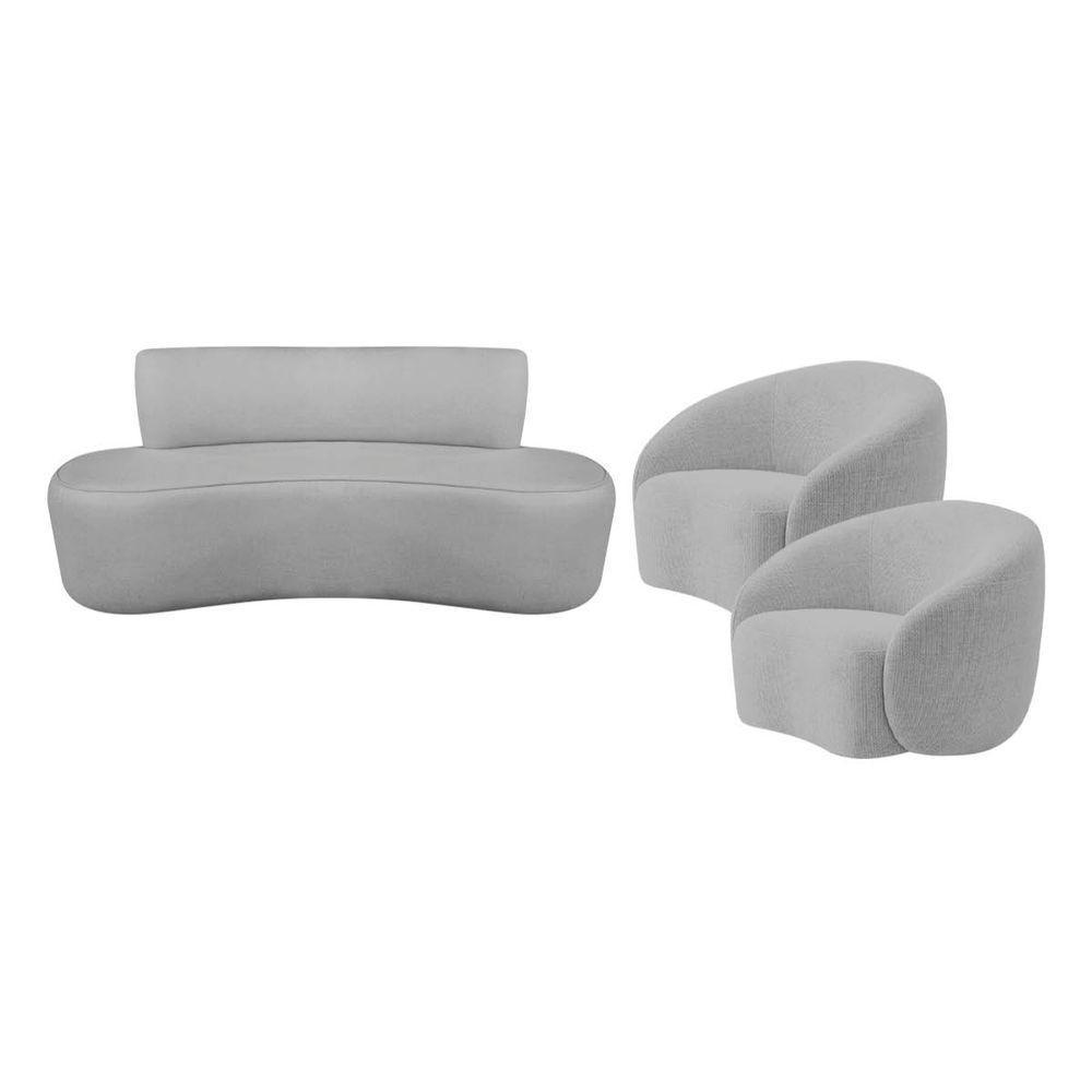 Kit Recamier Curvo Amsterdã 120cm E 2 Poltronas Amore Luxo Linho Cor Cinza Claro - 6