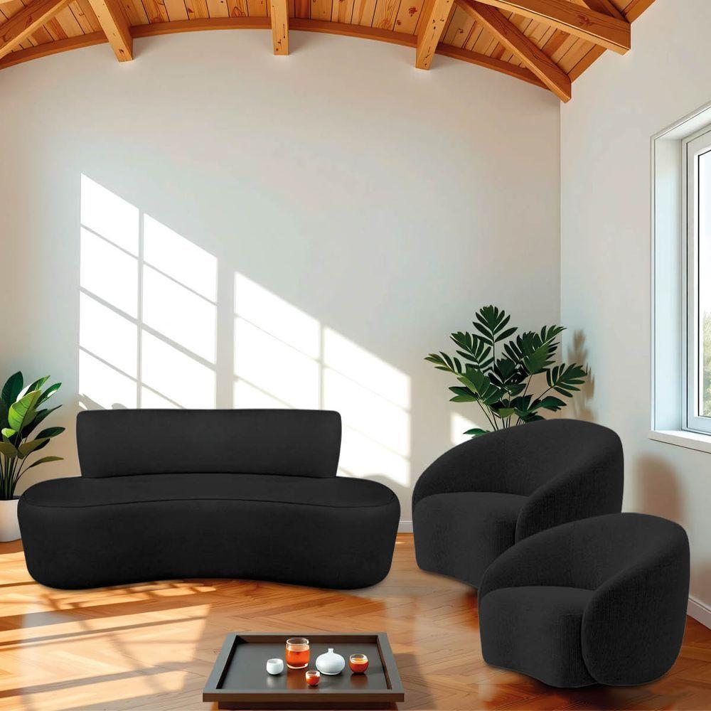 Kit Recamier Curvo Amsterdã 180cm E 2 Poltronas Amore Luxo Linho Cor Preto - 1