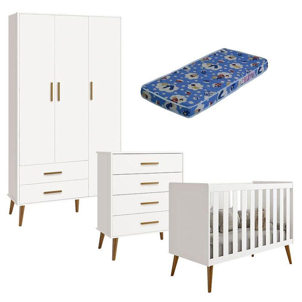 Quarto De Bebê Isis 3 Portas Com Gaveteiro Branco Acetinado E Colchão Ortobom - Reller - 1