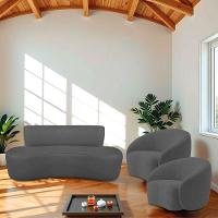 Kit Recamier Curvo Amsterdã 130cm E 2 Poltrona Amore Luxo Linho Cor Cinza Escuro - 1