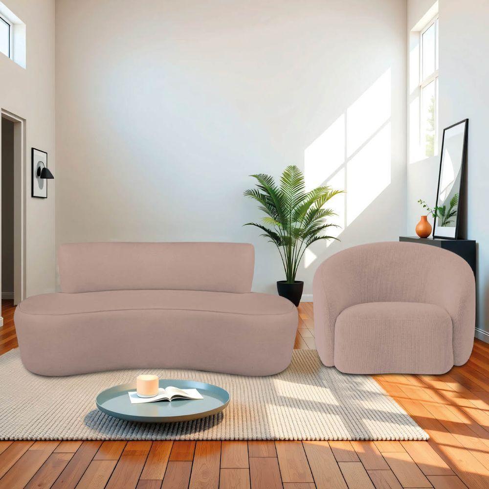 Kit Recamier Curvo Amsterdã 180cm E Poltrona Amore Luxo Linho Cor Rosê - 1
