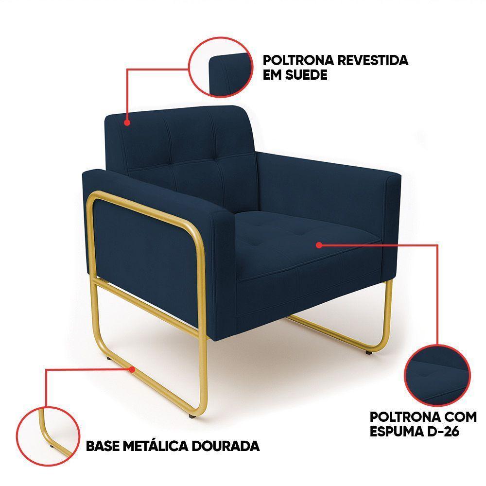 Poltrona Sala Industrial Alta Tubo Dourado Elisa Suede Azul Marinho D03 - D'rossi - 3