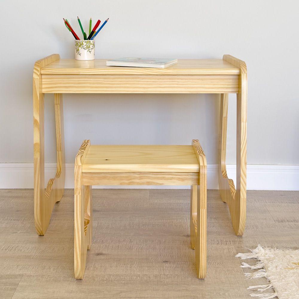 Mesa Com Banquinho Infantil Encanto Em Madeira Natural - 1