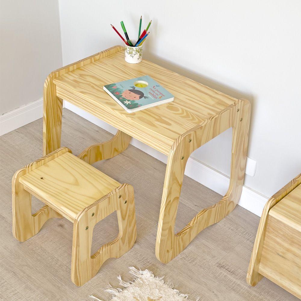 Mesa Com Banquinho Infantil Encanto Em Madeira Natural - 2