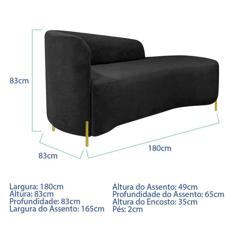 Divã Recamier Orgânico França 180cm Lado Dir Pés Metal Dourado Linho Cor Preto - 6