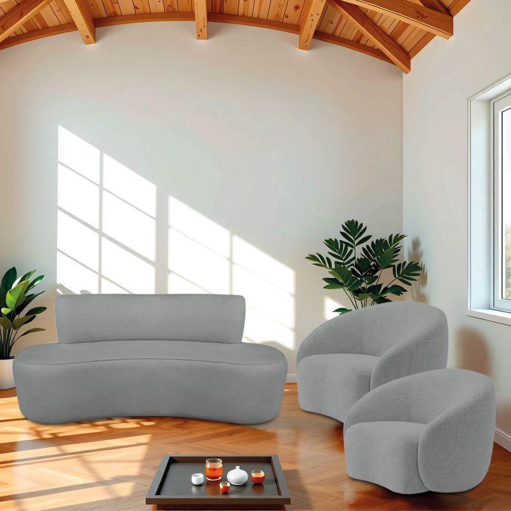 Kit Recamier Curvo Amsterdã 120cm E 2 Poltronas Amore Luxo Bouclé Cor Cinza - 1