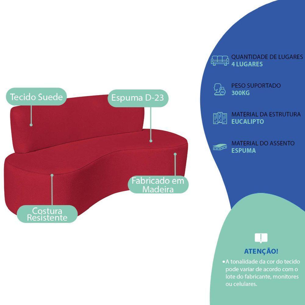 Sofá Curvo 4 Lugares Amsterdã 200cm Suede Cor Vermelho - 3