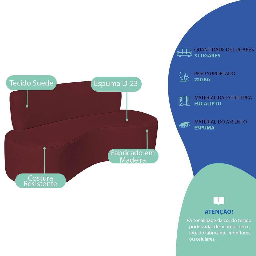 Sofá Curvo 3 Lugares Amsterdã 160cm Suede Cor Bordô - 6