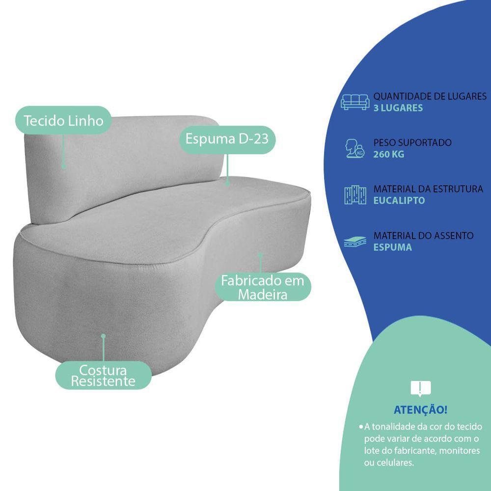 Kit Recamier Curvo Amsterdã 180cm E 2 Poltronas Amore Luxo Linho Cor Cinza Claro - 4